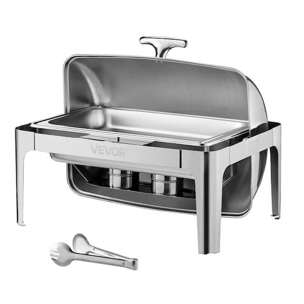 Roll Top Chafing Dish Buffet Complete Set, 9 qt. Stainless Steel Chafer, Rectangle Catering Warmer Server, Silver
