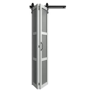 36 in. x 84 in. 3-Lite Frosted Glass Primed Solid Core Molded Composite Bi-fold Sliding Barn Door with Hardware Kit