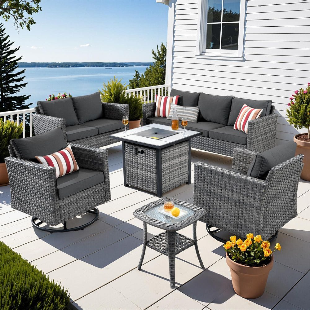 Pearl 6 Pieces Wicker Outdoor Patio Square Fire Pit Set and Swivel Rocking Chairs with Black Cushions price history on PriceWatchPro