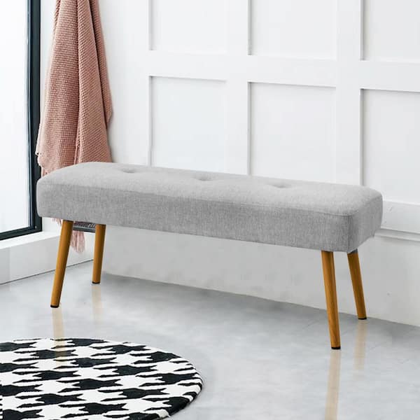 Grey Linen Fabric Upholstered Bedroom Bench with Gold Metal Legs