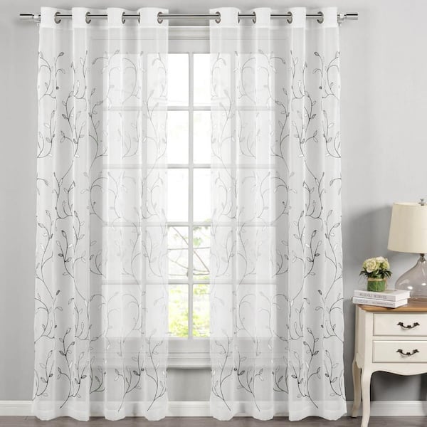 CREATIVE HOME IDEAS Wavy Leaves Silver Gray Polyester Faux Linen 54 in. W x 63 in. L Embroidered Grommet Sheer Curtain (Single Panel)