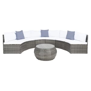 Jesvita Gray Wicker Outdoor Patio Sectional with White Cushions and Navy Pillows