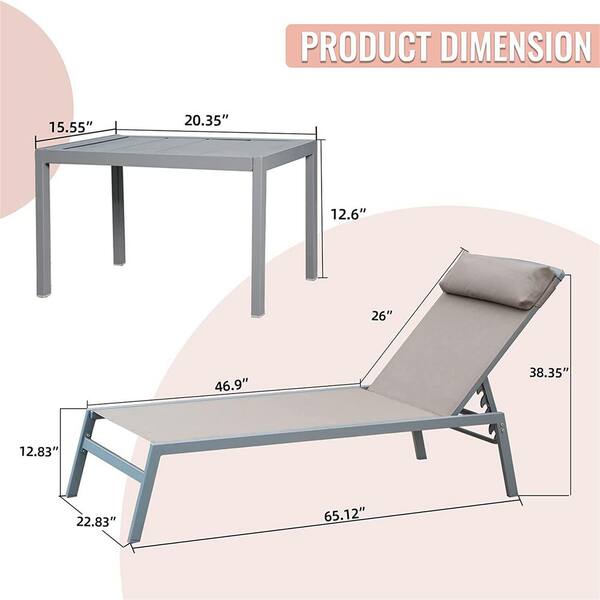 Khaki 3-Outdoor Chaise Lounge with 5-Adjustable Positions for Pool