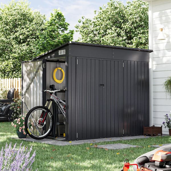 Black 7 ft. W x 4 ft. D Outdoor Lean to Storage Metal Shed with 3-Lockable Doors, Air Vents for Patio (32 sq. ft. )
