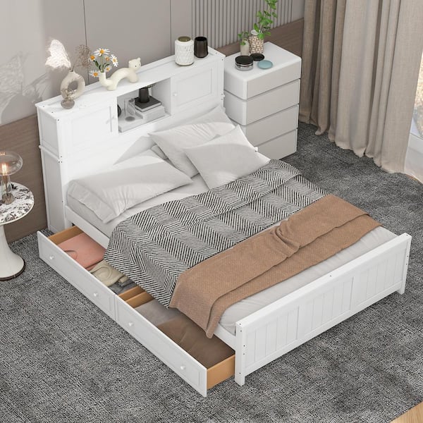 Qualler White Wood Frame Full Platform Bed with Storage Headboard and 2-Drawers