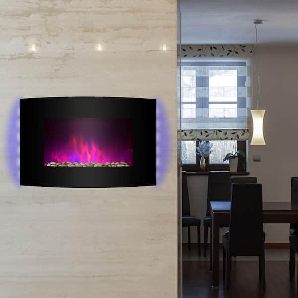 AKDY 36 in. Wall Mount Electric Fireplace Heater in Black with Curved Tempered Glass, Pebbles, Logs and Remote Control
