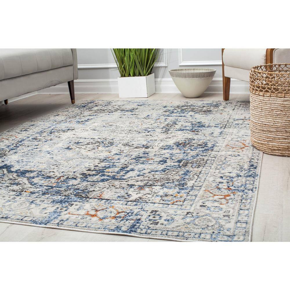 Blue and Gray Vintage Floral Rectangular Area Rug, 8' x 10'