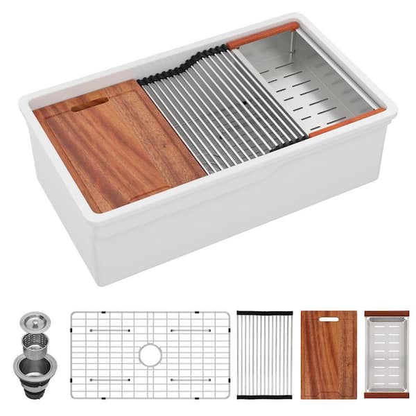 32 in. Undermount Single Bowl Glossy White Fireclay Workstation Kitchen Sink with 5-Tool Kit