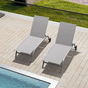 2-Piece Gray Aluminum Outdoor Patio Chaise Lounge Pool Sunbathing Chair with Adjustable Backrest and Wheels