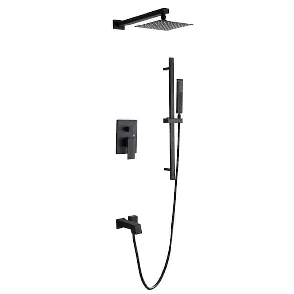Lexora Cero 1-Spray Tub and Shower Faucet Combo with Square Showerhead and Handheld Shower Wand in Matte Black