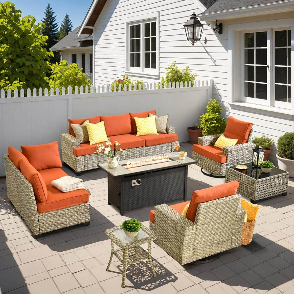 HOOOWOOO Kelleys 10-Piece Wicker Outdoor Patio Conversation Sofa Fire Pit Set with Swivel Chairs and Orange Red Cushions