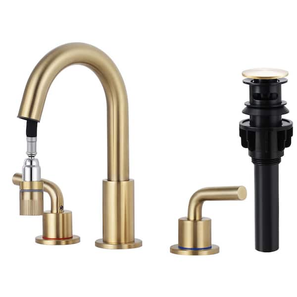 AKLFGN 8 in. Widespread Double Handle Bathroom Faucet 3-Hole with Pull Out Sprayer and Pop-Up Drain, in Brushed Gold