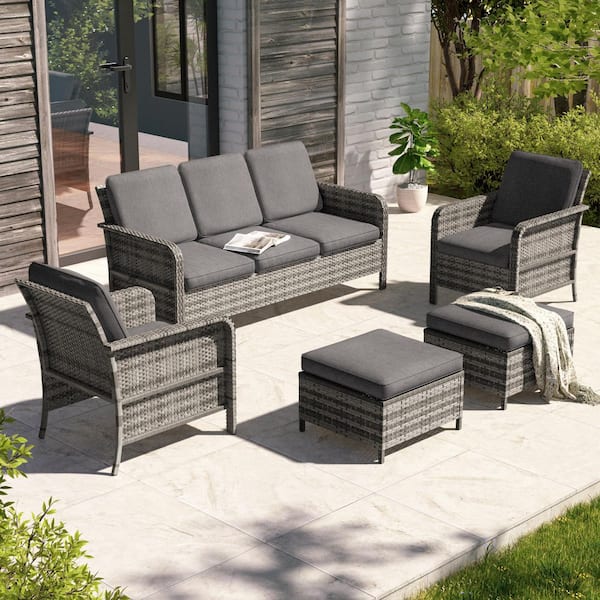 JOYESERY 5-Piece Gray Wicker Outdoor Conversation Seating Sofa Set, Gray Cushions with 3-Seater Sofa, Ottomans