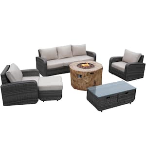 Lily Gray 6-Piece Wicker Patio Fire Pit Conversation Sofa Set with Beige Cushions