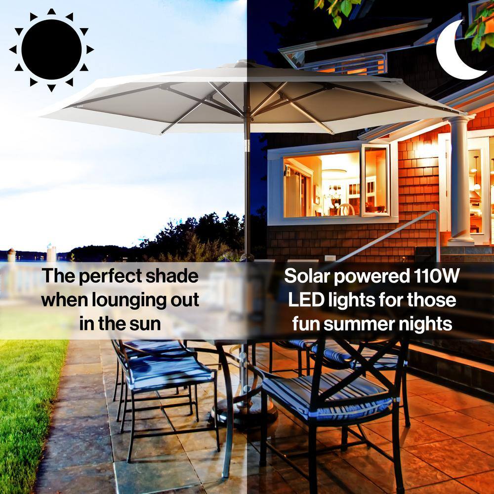 Spencer 9 ft. Gray and White Aluminum Solar LED Market Patio Umbrella