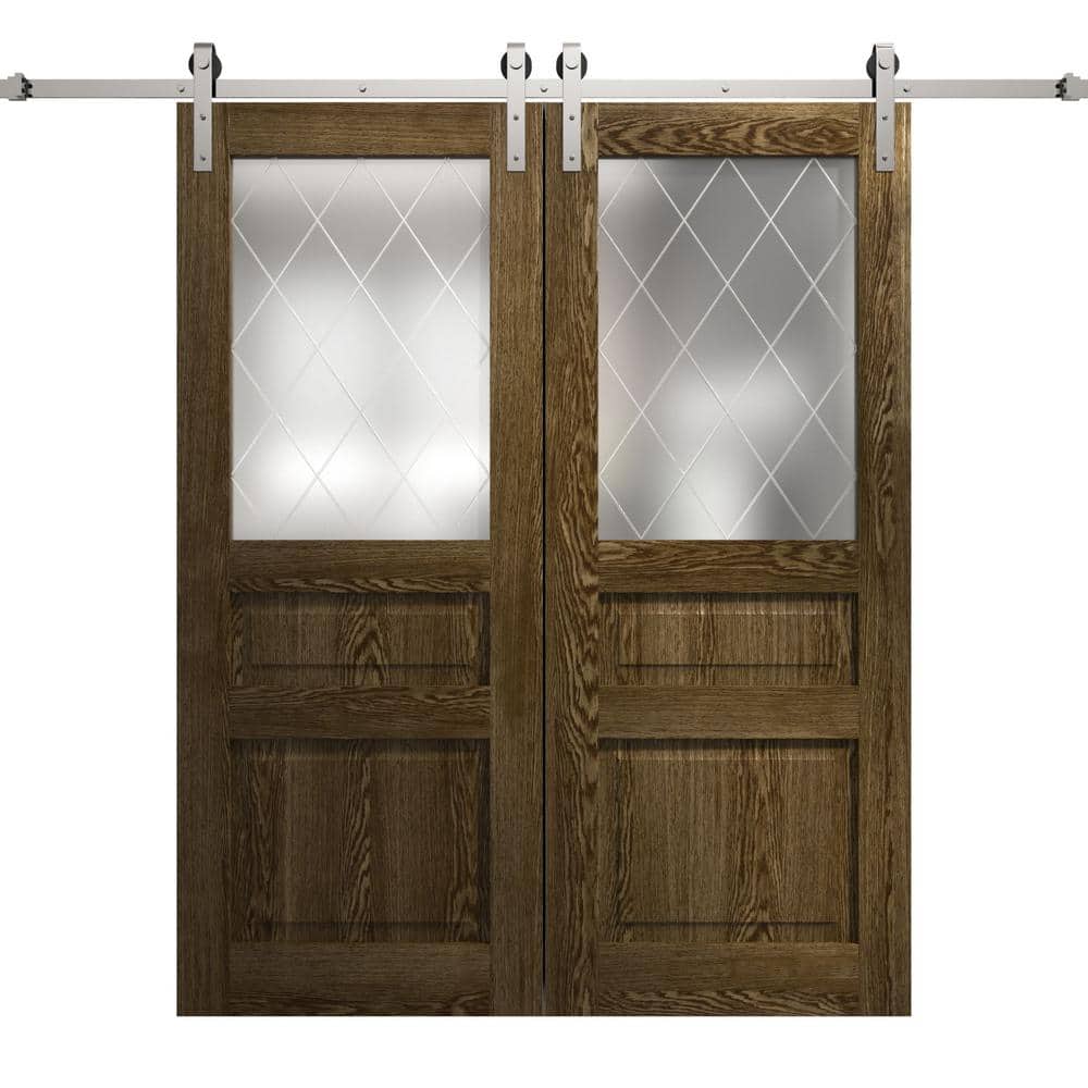 Assemble Required 48 in. x 84 in. Frosted Glass Marble Oak Solid Wood Double Barn Door Slab With Hardware price history on PriceWatchPro