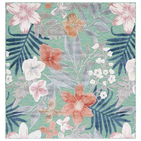 Cabana Green/Rust 4 ft. x 4 ft. High-Low Floral Leaf Indoor/Outdoor Square Area Rug