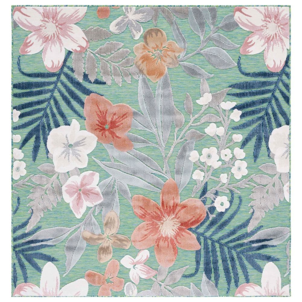 SAFAVIEH Cabana Green/Rust 8 ft. x 8 ft. High-Low Floral Leaf Indoor ...