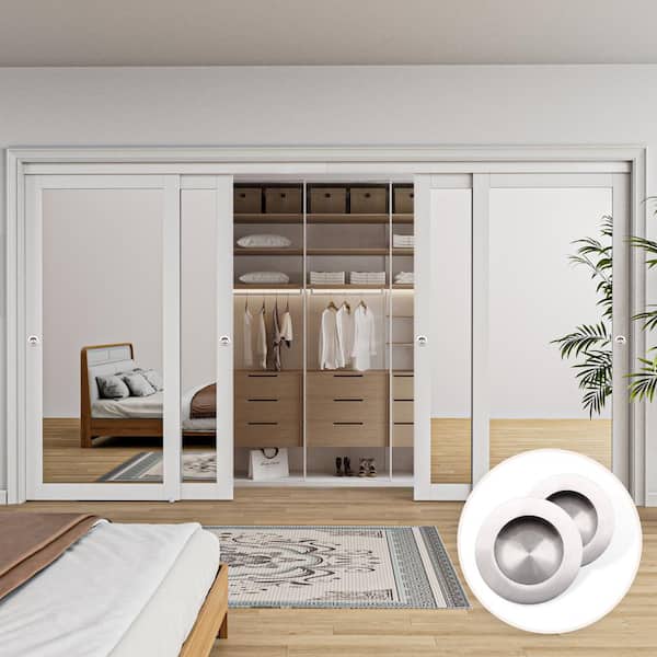 144 in. x 80 in. 1 Lite Mirror Glass White Finished MDF Interior Closet Sliding Door with Hardware and Handles