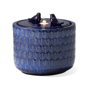 14.75 in. H Cobalt Blue 2 Birds Embossed Leaf Pattern Cylindrical Ceramic Fountain with Pump and LED Light (KD)
