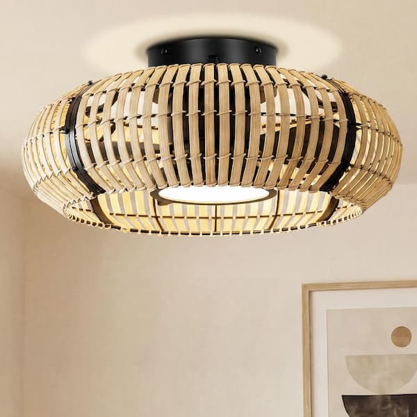 20 in. Indoor Natural Bamboo Cage Flush mount Ceiling Fan with 3CCT Dimmable LED light and Reversible Silent DC motor