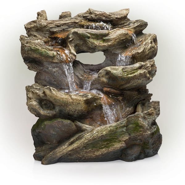 Alpine Corporation 32 in. Tall Outdoor Multi-Tier Rainforest Rock Waterfall Fountain with LED Lights