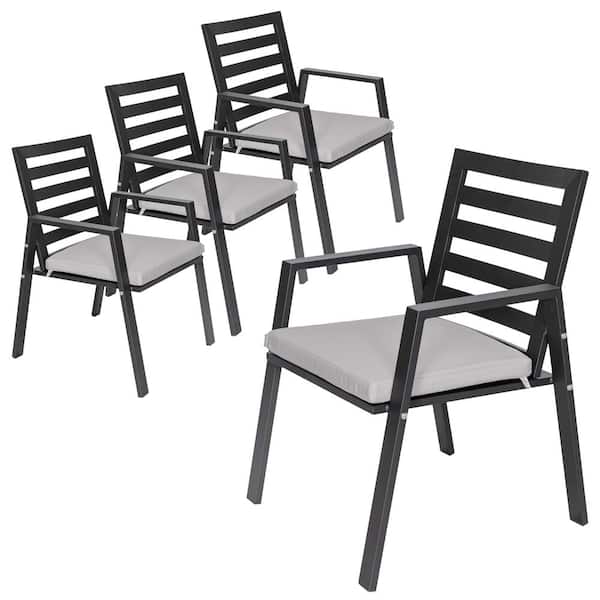 Leisuremod Chelsea Modern Outdoor Dining Chair in Black Aluminum with Removable Cushions (Set of 4) Light Grey
