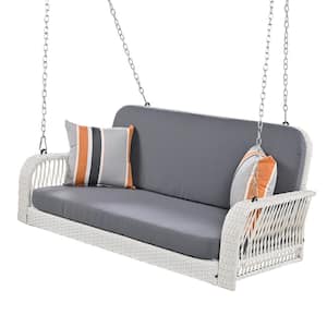 2-Person White Wicker Patio Swing Hanging Bench with Chains and Gray Cushion
