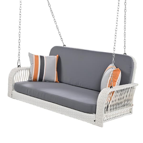Sudzendf 2-Person White Wicker Patio Swing Hanging Bench with Chains and Gray Cushion