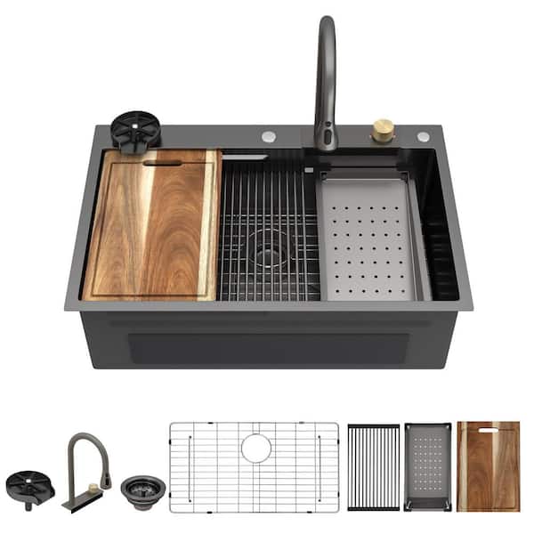 33 in. Drop-In Single Bowl Gunmetal Black Kitchen Sink, Topmount Stainless Steel Workstation sink, with Waterfall Faucet