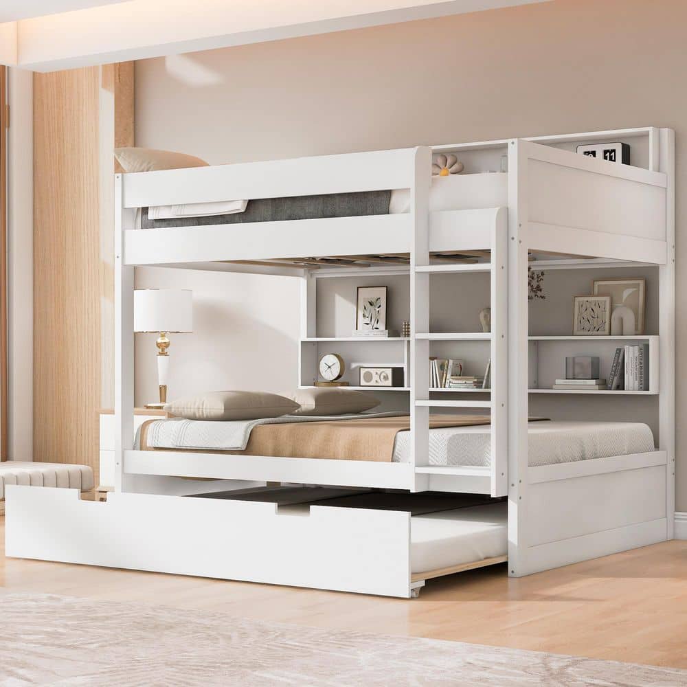 Harper & Bright Designs White Full Over Full Wood Bunk Bed with Shelves ...