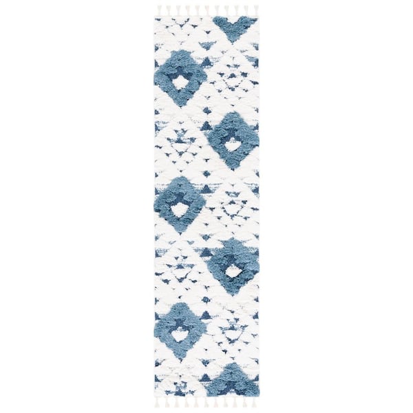 Moroccan Tassel Shag 2 ft. x 10 ft. Blue/Ivory High-Low Geometric Fringe Runner Rug