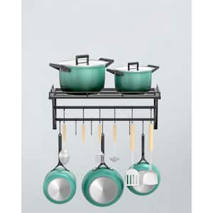 Wall Mount Pot Rack, 2-Tier Hanging Bar with Shelf, 12 Movable Hooks, 130 lbs. Capacity for Kitchen Storage, in Black