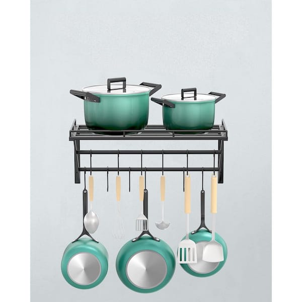 Wall Mount Pot Rack, 2-Tier Hanging Bar with Shelf, 12 Movable Hooks, 130 lbs. Capacity for Kitchen Storage, in Black
