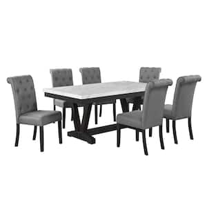 Fannie 7-Piece Rectangular Faux Marble Top Dining Set with Gray Linen Fabric Chairs.