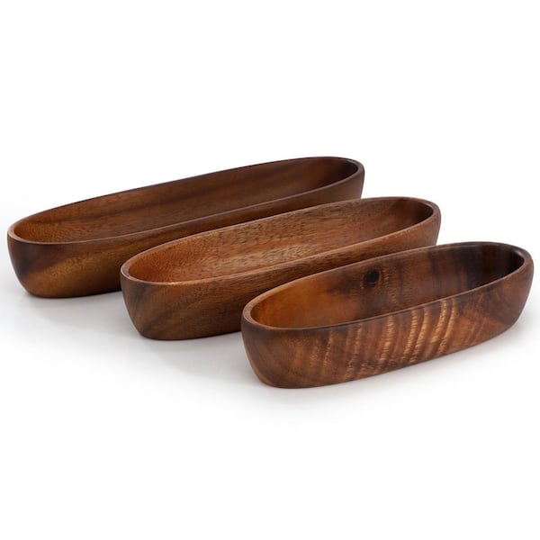 Elama 3 Piece 32 fl. oz. Dark Brown Acacia Wood Oval Serving Bowls in Assorted Sizes
