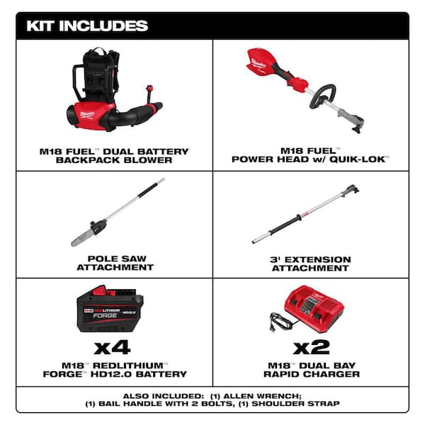 M18 FUEL 18V Brushless Cordless Dual Battery Backpack Blower Kit w/ M18 10 in Pole Saw, (4) 12.0 Batteries, (2) Chargers