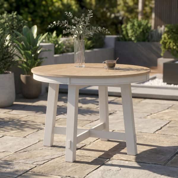 Oak Natural and Antique White Farmhouse Round Extendable Dining Table with 16 Inch Leaf