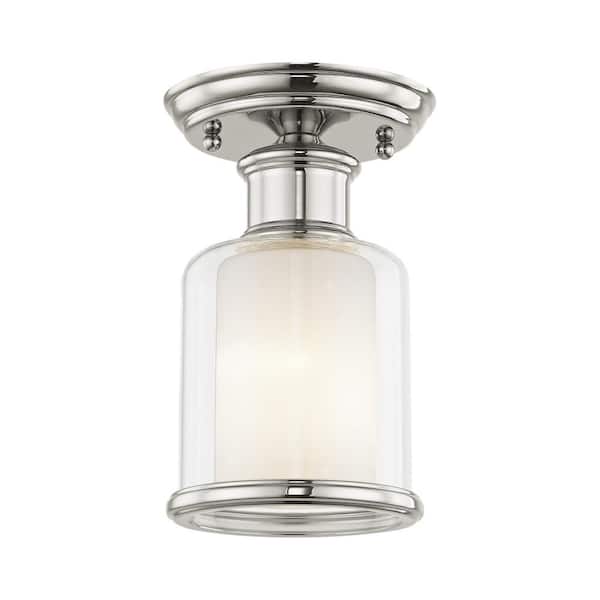 AVIANCE LIGHTING Bellington 5.5 in. 1-Light Polished Nickel Semi Flush Mount with Clear Outer Glass and Satin Opal Inner Glass