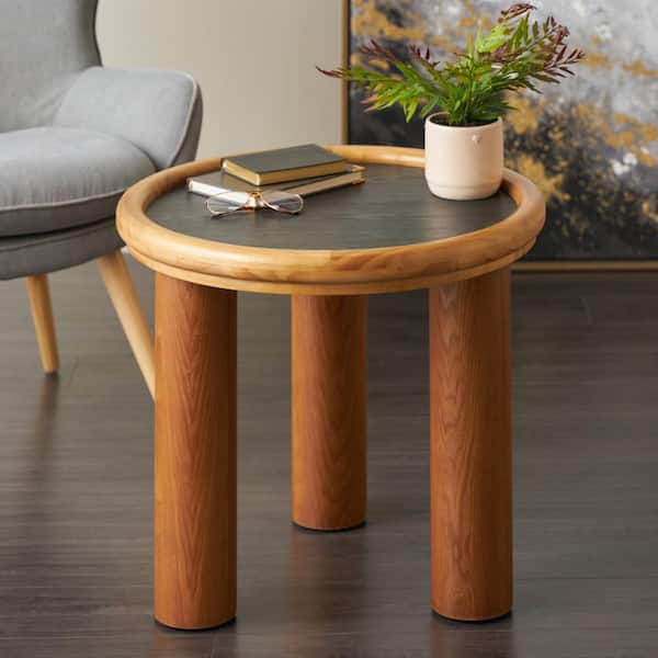 Litton Lane 24 in. Brown Round Wood Handmade Round Coffee Table with Black Tabletop