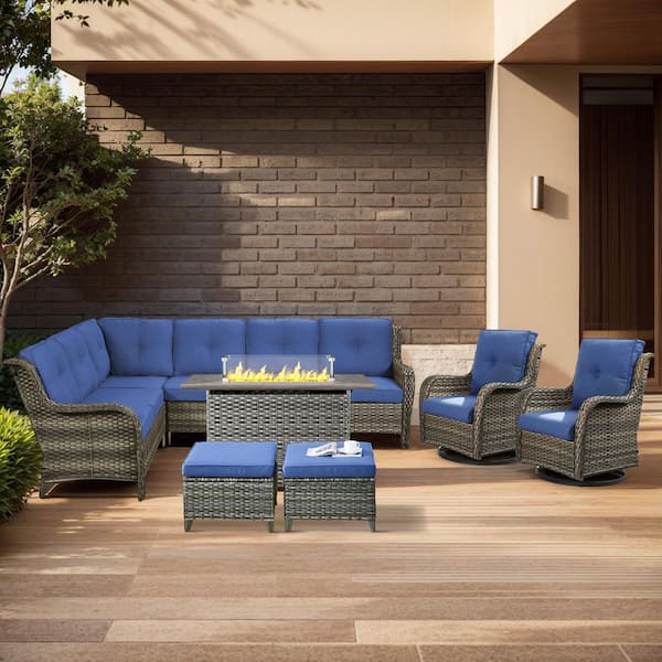 Arcline 7-Piece Gray Wicker Fire Pit Conversation Set with Olefin Blue Cushions L-Shaped Sofa/Patio Swivel Chairs