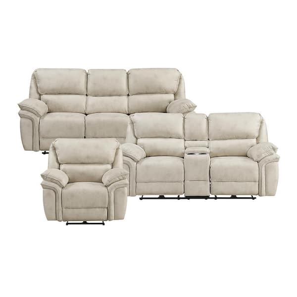 Arlo 90 in. W Pillow Top Arm Microfiber Rectangle Power Double Reclining Sofa Set in. Sand, 3-Piece