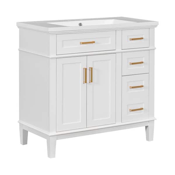 Logmey 36 in. W x 18 in. D x 35 in. H Single Sink Freestanding Bath Vanity in White with White Resin Top and Tilt-out Drawer
