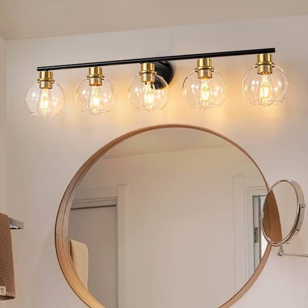 Deyidn Modern 37.4 in. 5-Light Black Bathroom Vanity Light Interior Powder Room Lighting with Clear Globe Shades
