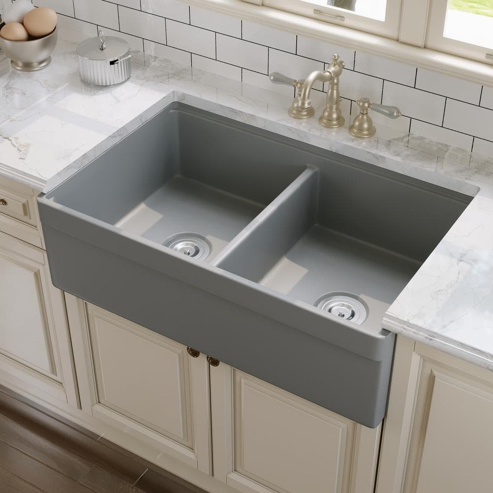 33" Matte Gray Fireclay Double Bowl Farmhouse Sink with Accessories