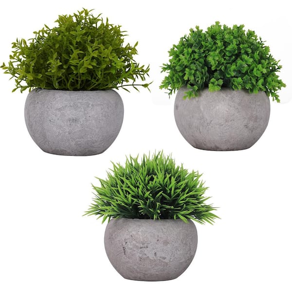 Oumilen 5 in. Green 3-Pack Small Artificial Plant in Gray Planters - Lifelike Indoor Greenery for Desk Shelf or Home Decor