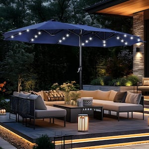 15 ft. Market Patio Umbrella With Lights Base and Sandbags in Blue