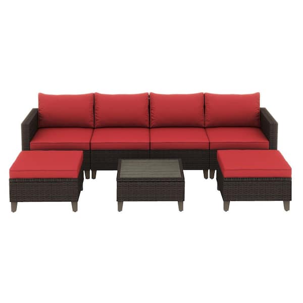 Miscool 7-Piece Brown Wicker Patio Conversation Sectional Seating Set with Red Cushions and Pillows