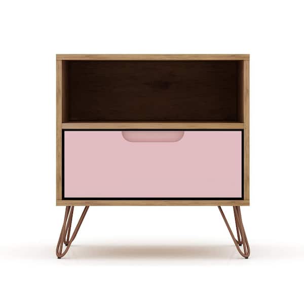 Luxor Intrepid 1.0 1-Drawer Nature And Rose Pink Mid-Century Modern Nightstand