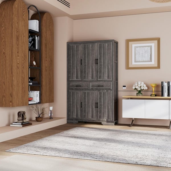 78.7 in. Tall Gray Oak Wood 10-Shelf Accent Bookcase with Cabinet Doors, 2-Drawers and Anti-Tip Kit